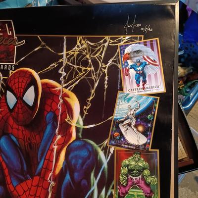 LOT 365: Signed Joe Jusko Marvel Collector Cards Promotional Poster, Marvel Comics 2099 Promotional Poster, Deadpool and Harley Quinn...