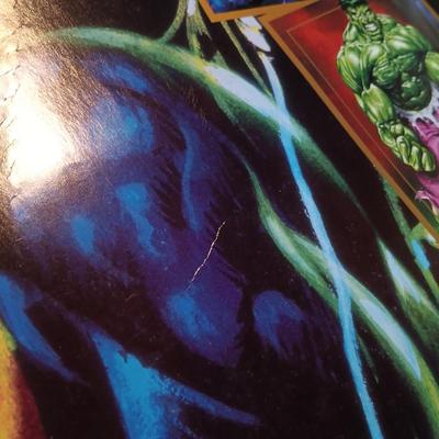 LOT 365: Signed Joe Jusko Marvel Collector Cards Promotional Poster, Marvel Comics 2099 Promotional Poster, Deadpool and Harley Quinn...