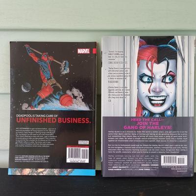 LOT 365: Signed Joe Jusko Marvel Collector Cards Promotional Poster, Marvel Comics 2099 Promotional Poster, Deadpool and Harley Quinn...