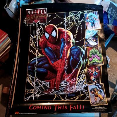 LOT 365: Signed Joe Jusko Marvel Collector Cards Promotional Poster, Marvel Comics 2099 Promotional Poster, Deadpool and Harley Quinn...