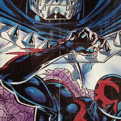 LOT 365: Signed Joe Jusko Marvel Collector Cards Promotional Poster, Marvel Comics 2099 Promotional Poster, Deadpool and Harley Quinn...