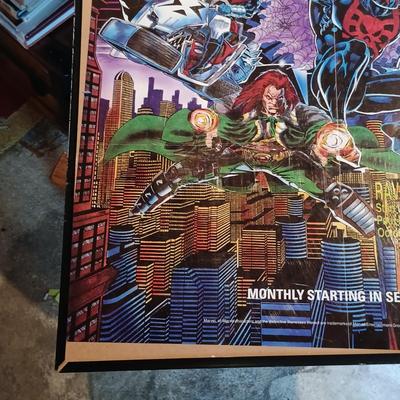 LOT 365: Signed Joe Jusko Marvel Collector Cards Promotional Poster, Marvel Comics 2099 Promotional Poster, Deadpool and Harley Quinn...