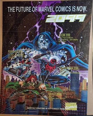 LOT 365: Signed Joe Jusko Marvel Collector Cards Promotional Poster, Marvel Comics 2099 Promotional Poster, Deadpool and Harley Quinn...