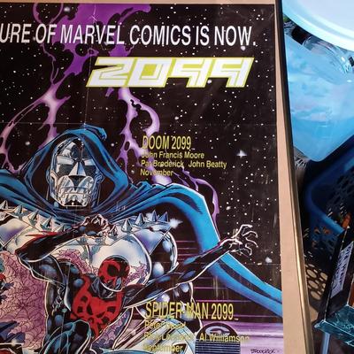 LOT 365: Signed Joe Jusko Marvel Collector Cards Promotional Poster, Marvel Comics 2099 Promotional Poster, Deadpool and Harley Quinn...