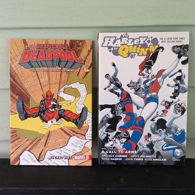 LOT 365: Signed Joe Jusko Marvel Collector Cards Promotional Poster, Marvel Comics 2099 Promotional Poster, Deadpool and Harley Quinn...