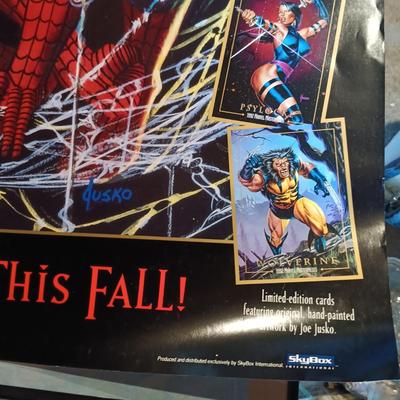 LOT 365: Signed Joe Jusko Marvel Collector Cards Promotional Poster, Marvel Comics 2099 Promotional Poster, Deadpool and Harley Quinn...