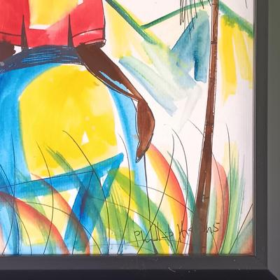 LOT 369: Philip Higgins Signed Art, Lion Block Print & Giraffe Silhouette Art by A'Mali