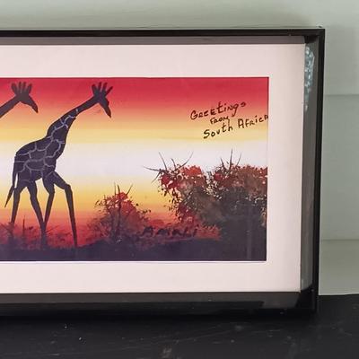 LOT 369: Philip Higgins Signed Art, Lion Block Print & Giraffe Silhouette Art by A'Mali