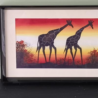 LOT 369: Philip Higgins Signed Art, Lion Block Print & Giraffe Silhouette Art by A'Mali
