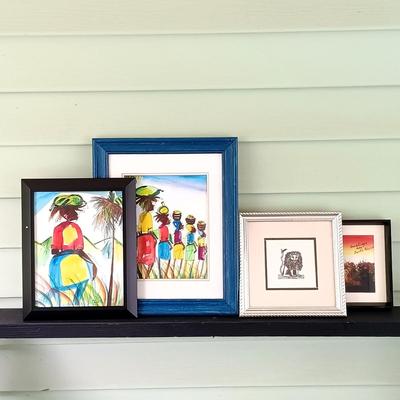 LOT 369: Philip Higgins Signed Art, Lion Block Print & Giraffe Silhouette Art by A'Mali
