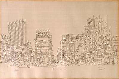LOT 371: Signed and Numbered Ink Drawing of Time Square with The New York Times February 22, 1965