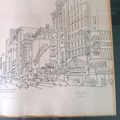 LOT 371: Signed and Numbered Ink Drawing of Time Square with The New York Times February 22, 1965