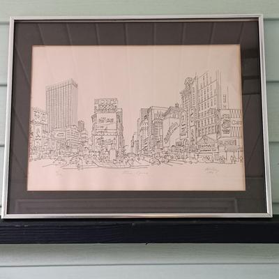 LOT 371: Signed and Numbered Ink Drawing of Time Square with The New York Times February 22, 1965