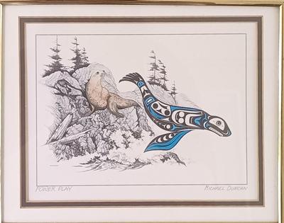 LOT 373: Signed Michael Duncan Art Print 'Power Play' with a G.R. Felton Watercolor & Ink Sketch
