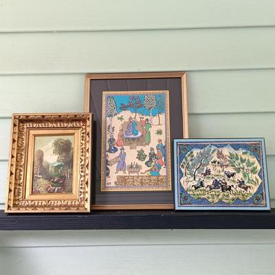 LOT 374: Persian Print on Textile with a Signed Oil Painting of a Castle & Print of 'The Chase'