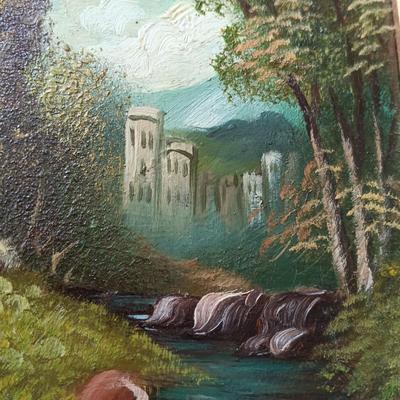 LOT 374: Persian Print on Textile with a Signed Oil Painting of a Castle & Print of 'The Chase'