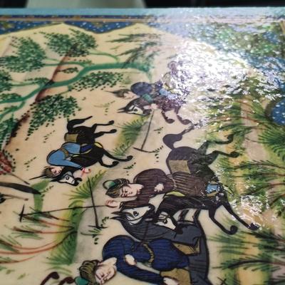 LOT 374: Persian Print on Textile with a Signed Oil Painting of a Castle & Print of 'The Chase'