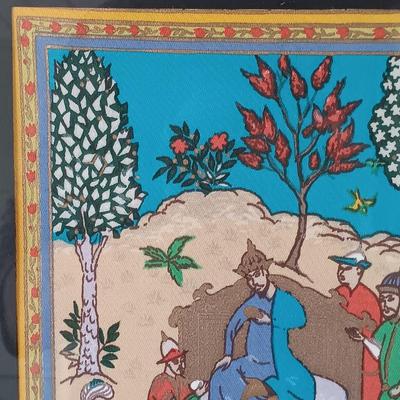 LOT 374: Persian Print on Textile with a Signed Oil Painting of a Castle & Print of 'The Chase'
