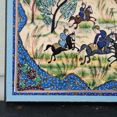 LOT 374: Persian Print on Textile with a Signed Oil Painting of a Castle & Print of 'The Chase'
