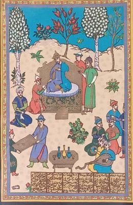 LOT 374: Persian Print on Textile with a Signed Oil Painting of a Castle & Print of 'The Chase'