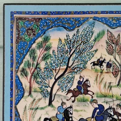 LOT 374: Persian Print on Textile with a Signed Oil Painting of a Castle & Print of 'The Chase'