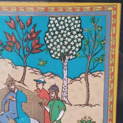 LOT 374: Persian Print on Textile with a Signed Oil Painting of a Castle & Print of 'The Chase'