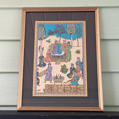 LOT 374: Persian Print on Textile with a Signed Oil Painting of a Castle & Print of 'The Chase'