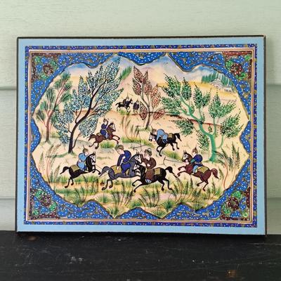 LOT 374: Persian Print on Textile with a Signed Oil Painting of a Castle & Print of 'The Chase'
