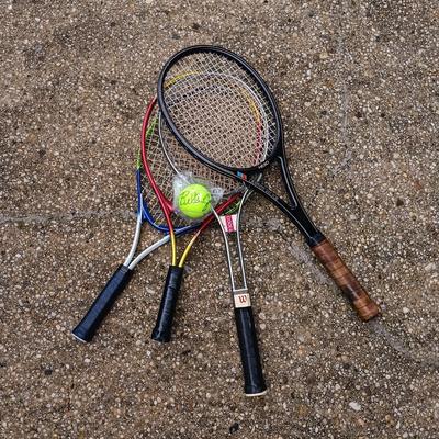 LOT 375: Set of (4) Tennis Rackets with Tennis Ball Signed Billie Jean King