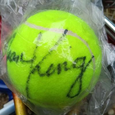LOT 375: Set of (4) Tennis Rackets with Tennis Ball Signed Billie Jean King