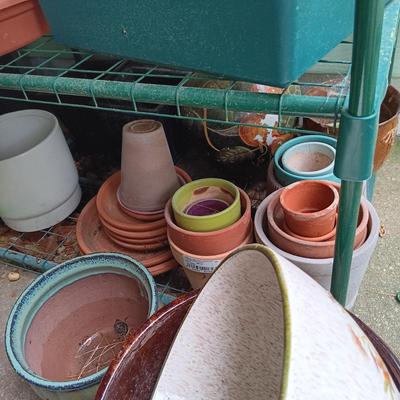 LOT 386: Gardening Lot- 4-Tier Greenhouse Frame, Garden Pots, Plant Stands & More