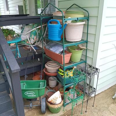 LOT 386: Gardening Lot- 4-Tier Greenhouse Frame, Garden Pots, Plant Stands & More