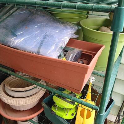 LOT 386: Gardening Lot- 4-Tier Greenhouse Frame, Garden Pots, Plant Stands & More