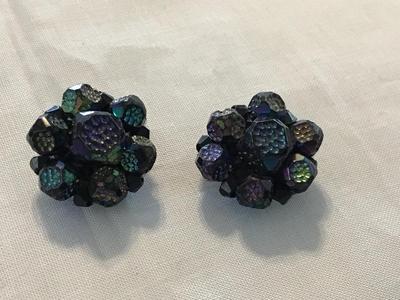 West Germany Black Iridescent Faux Stones Clip on