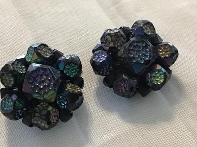 West Germany Black Iridescent Faux Stones Clip on
