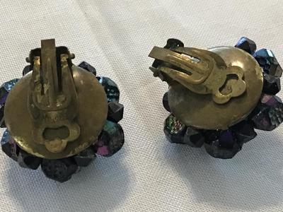 West Germany Black Iridescent Faux Stones Clip on