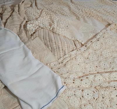 LOT 1: Multiple Linens Including Long Window Scarf, Lace Tablecloths and More
