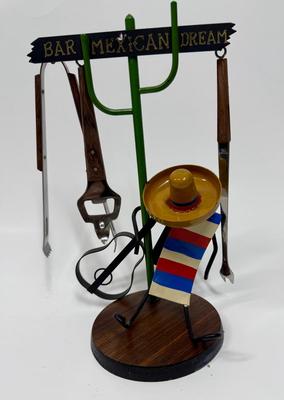 Vintage Souvenir of Mexico Barware Set Bartender on break wearing Sombrero
