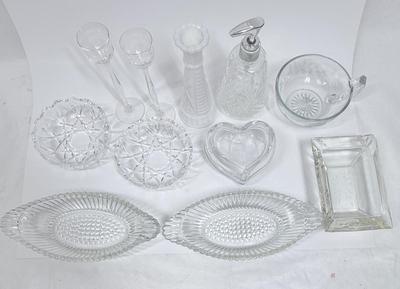 Vintage Glass Lot - dishes, vase, soap dispenser, Trinket Box, Cordials, Ashtray Dessert Bowls