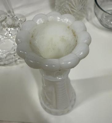 Vintage Glass Lot - dishes, vase, soap dispenser, Trinket Box, Cordials, Ashtray Dessert Bowls