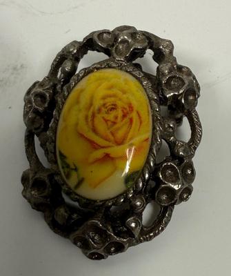 Vintage Brooch Pin - Yellow Rose Cameo inside an Ornate Metal Ring