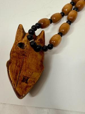 Beaded Wood Necklace with Evil Queen/Sorcerer type face pendant necklace