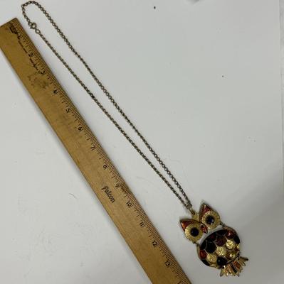 Vintage Owl Pendant Necklace jewelry Vintage layered Copper and Coral color , missing stones