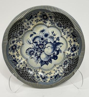 Vintage Daher Decorated Ware Blue White Tin Bowl Floral 10 1/4"