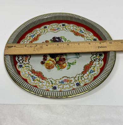 Vintage Daher Tin Tray Fruit Floral Red Gold Designed in Long Island NY Made in England