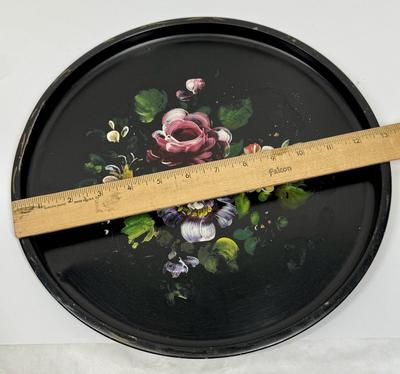 Vintage Nashco Toleware Hand Painted Black Round Metal Tray 12.75" Round Decorative Tray. Cottage Core. Granny Chic. Fall Decor.