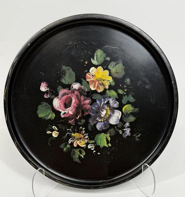 Vintage Nashco Toleware Hand Painted Black Round Metal Tray 12.75" Round Decorative Tray. Cottage Core. Granny Chic. Fall Decor.