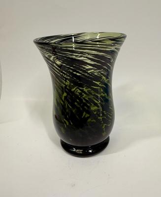 Blown Glass Hurricane Vase Green Black Swirled Retro Art Glass