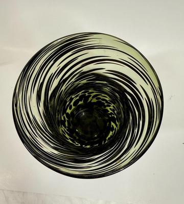 Blown Glass Hurricane Vase Green Black Swirled Retro Art Glass