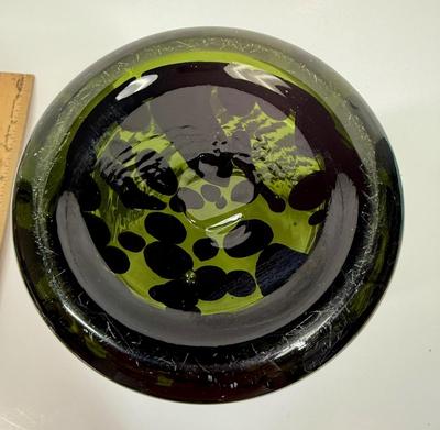 Blown Glass Hurricane Vase Green Black Swirled Retro Art Glass